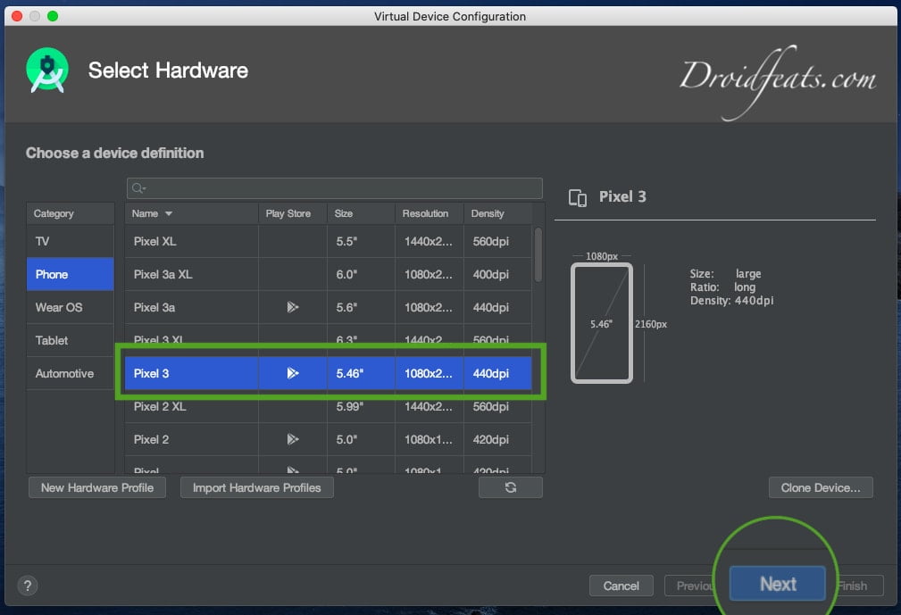 Android Studio select hardware